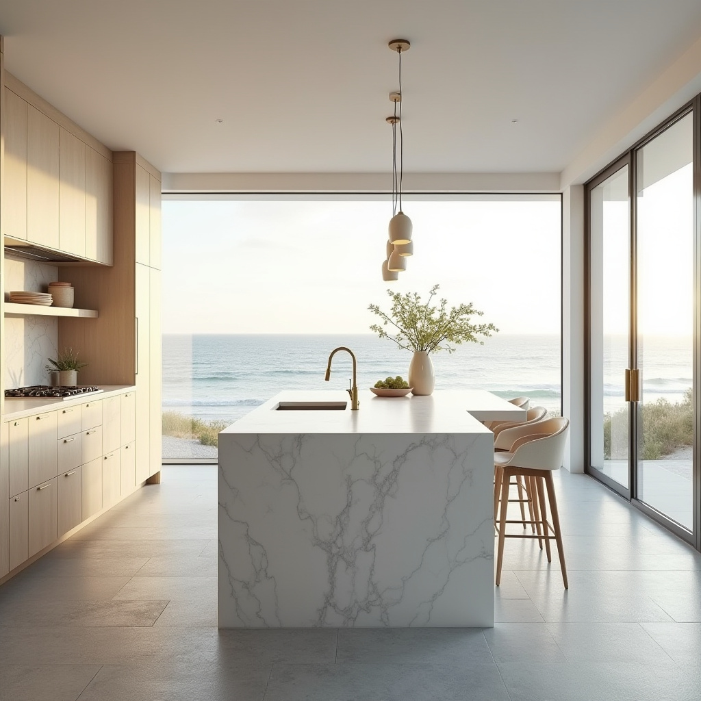 Minimalist coastal kitchen with marble island