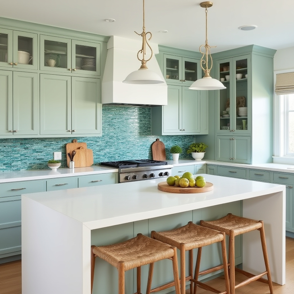 Modern coastal kitchen with sage cabinets