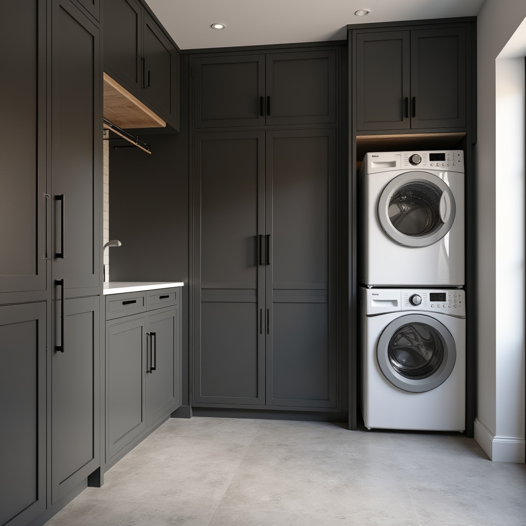 minimalist basement laundry room with built-in cabinets