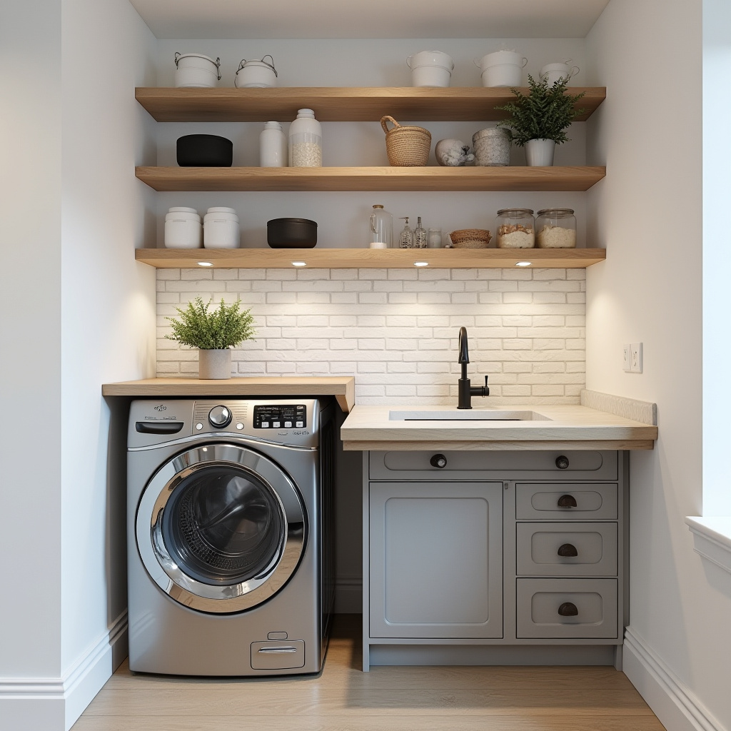 compact basement laundry room with fold-down table