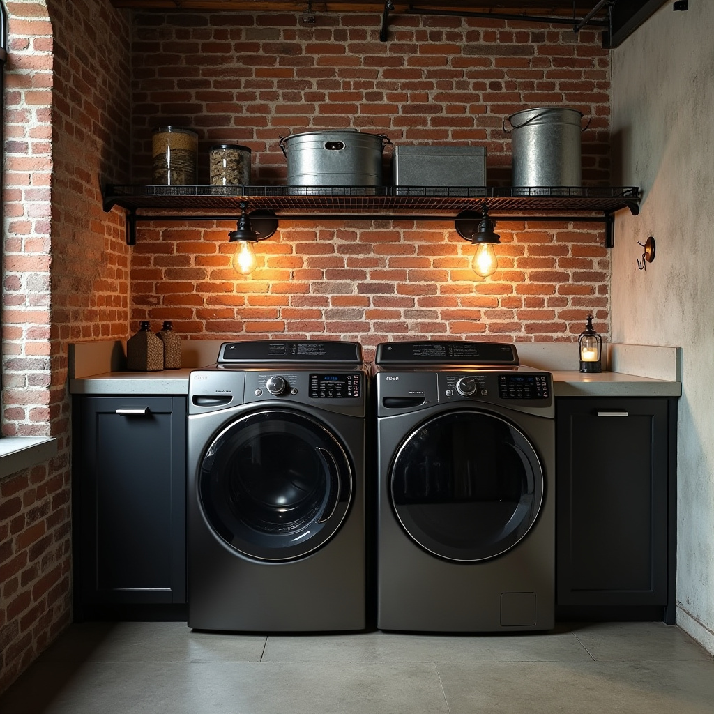 industrial basement laundry room with brick wall