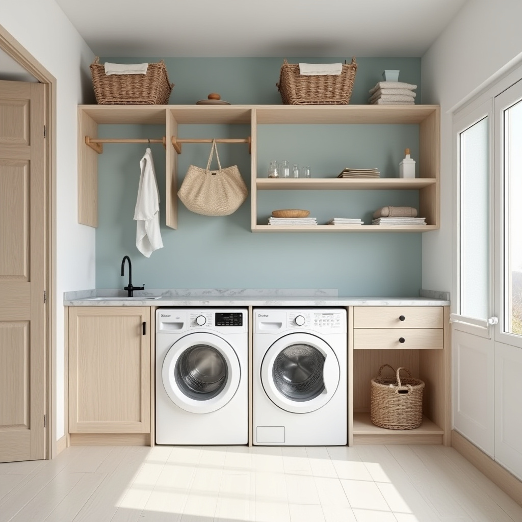 scandinavian basement laundry room with light wood