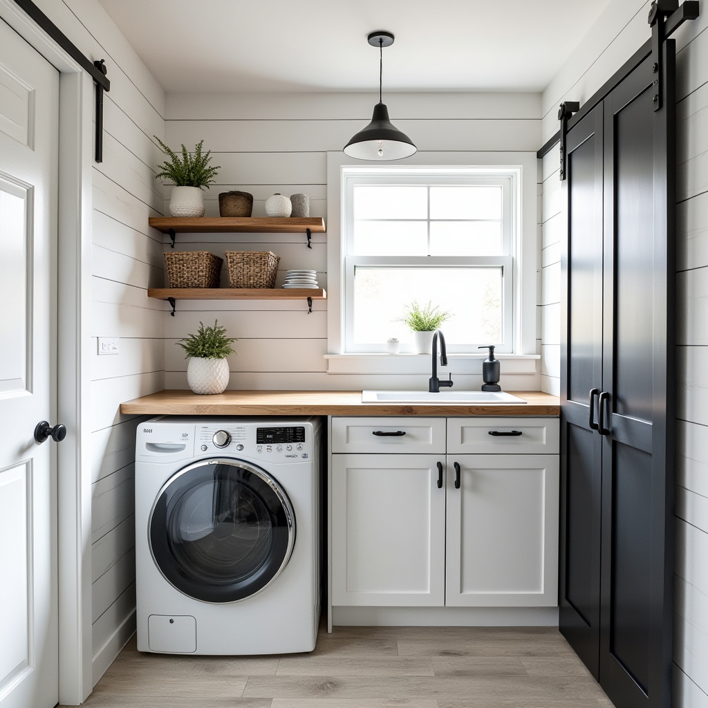 modern farmhouse basement laundry room with shiplap