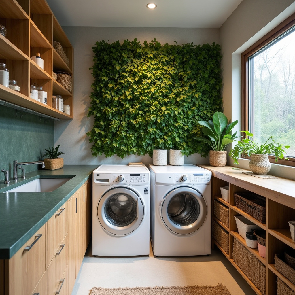 sustainable basement laundry room with recycled materials