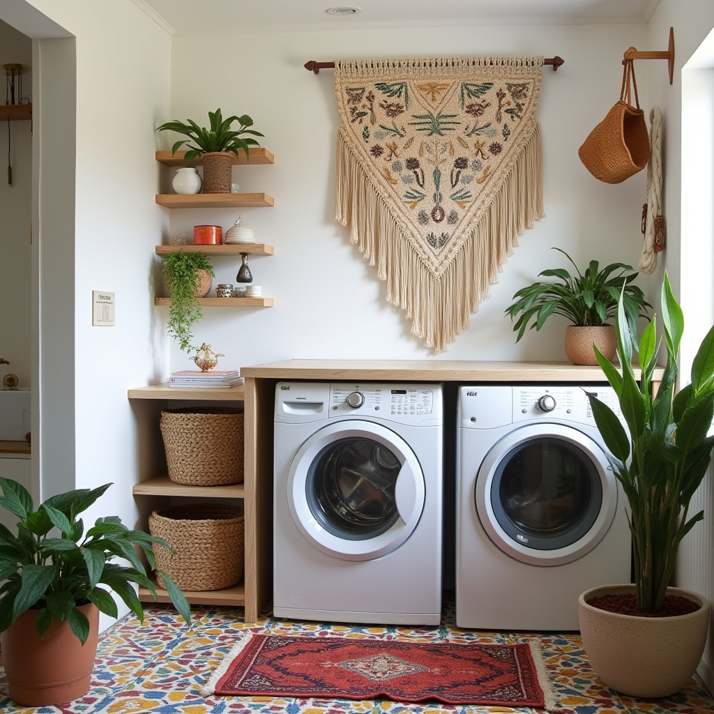 bohemian basement laundry room with colorful accents