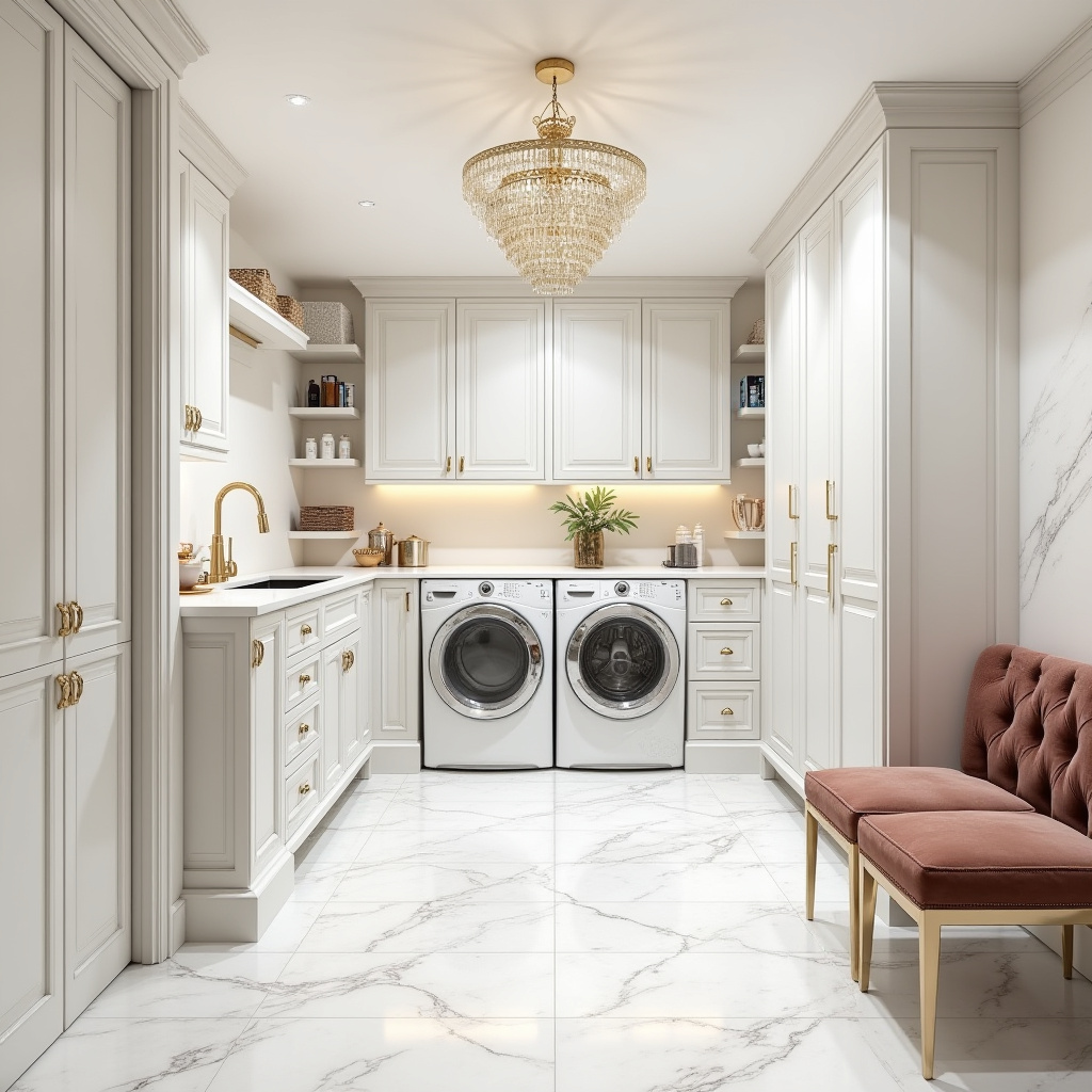 luxury basement laundry room with marble finishes
