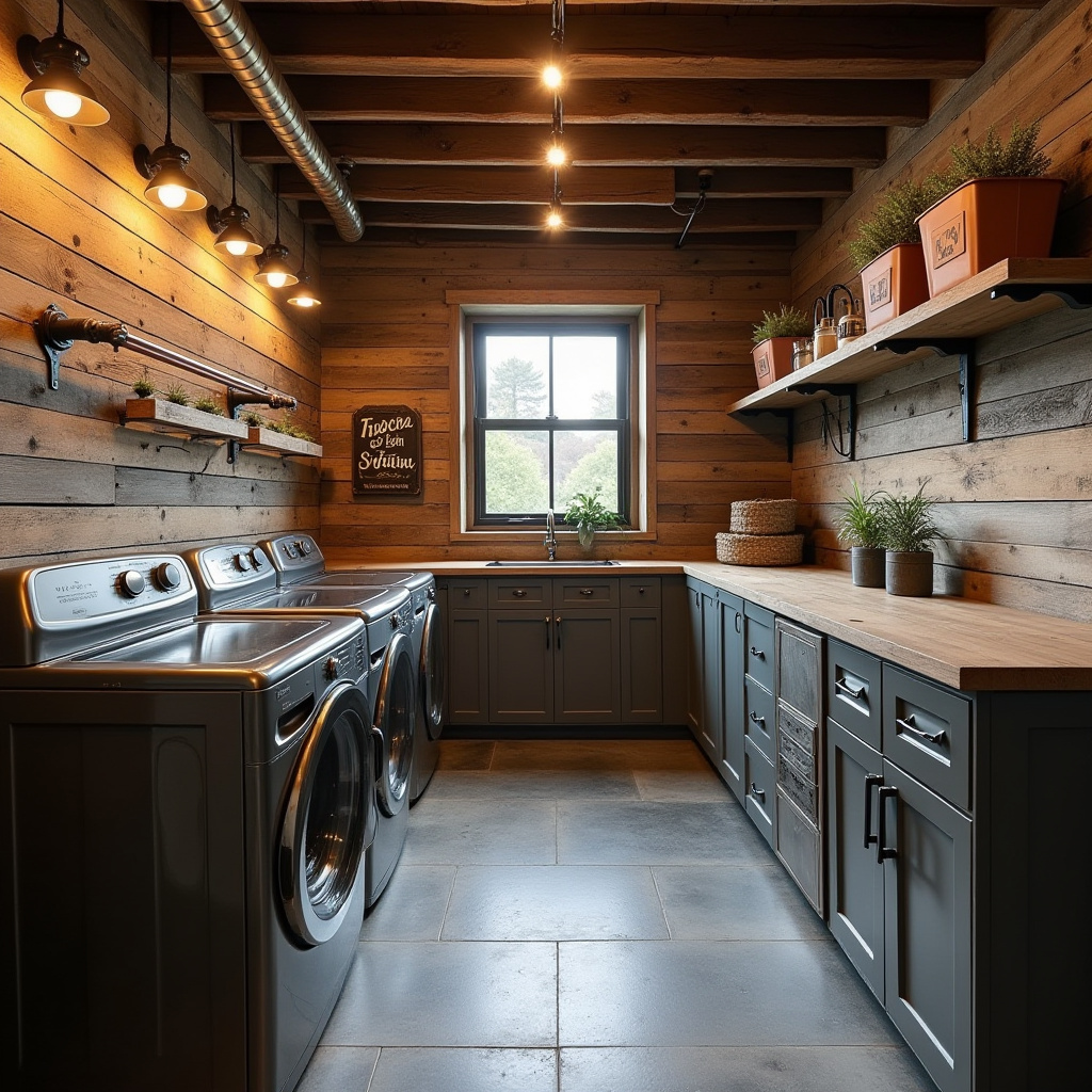 rustic basement laundry room with weathered wood