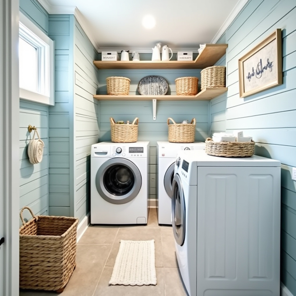 coastal basement laundry room with nautical decor