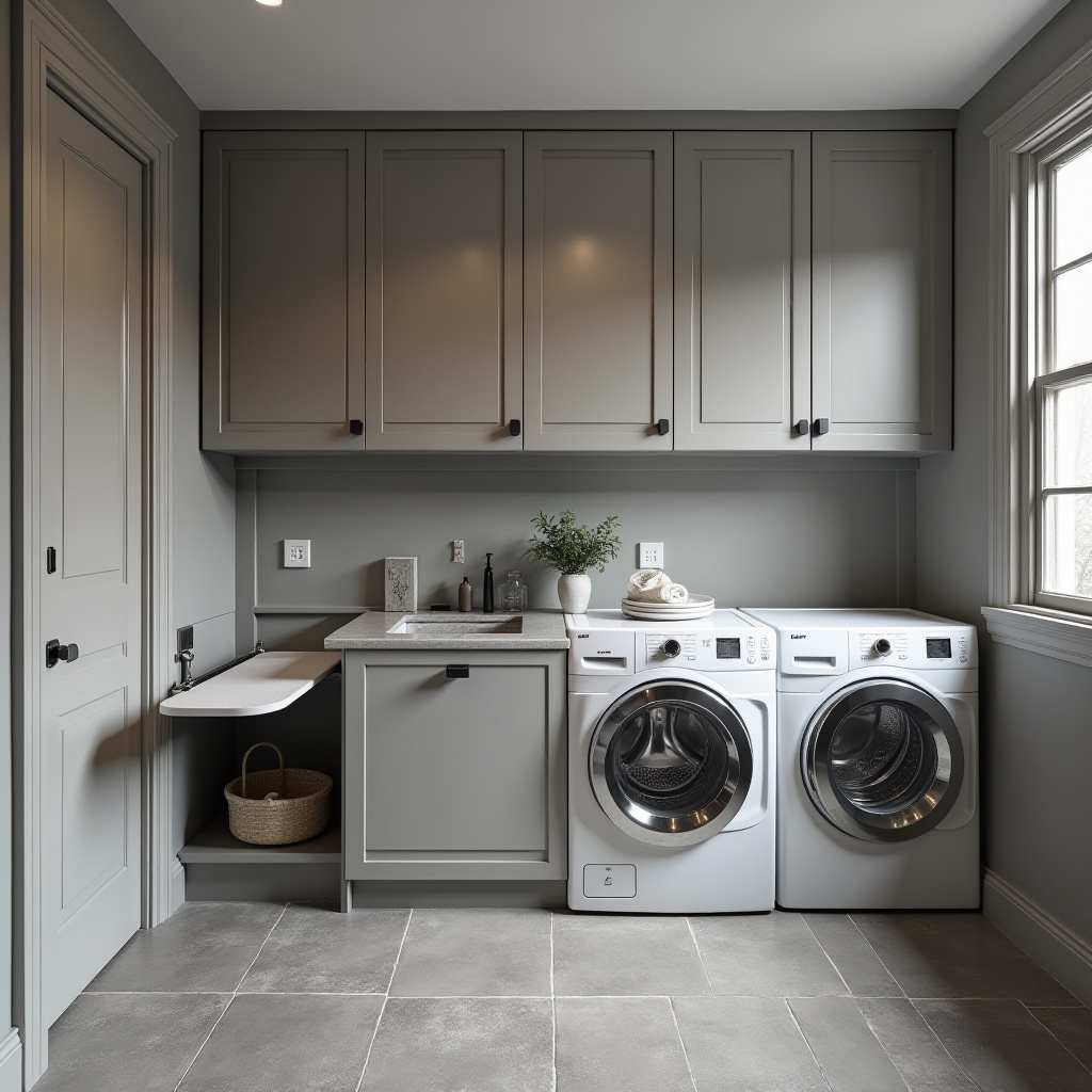 monochromatic grey basement laundry room