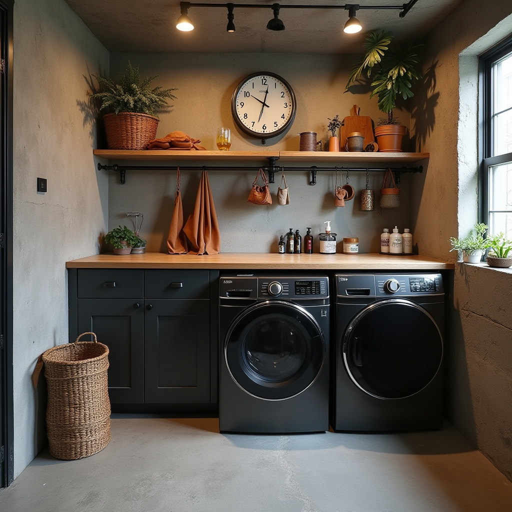 urban loft basement laundry room with raw materials