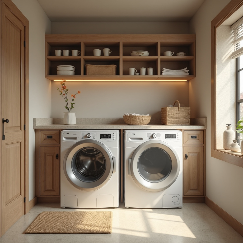 Japandi basement laundry room with minimalist design