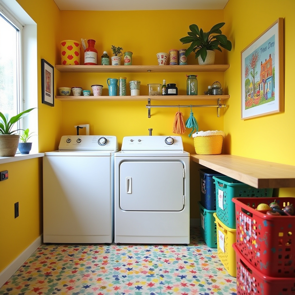 colorful basement laundry room with playful decor