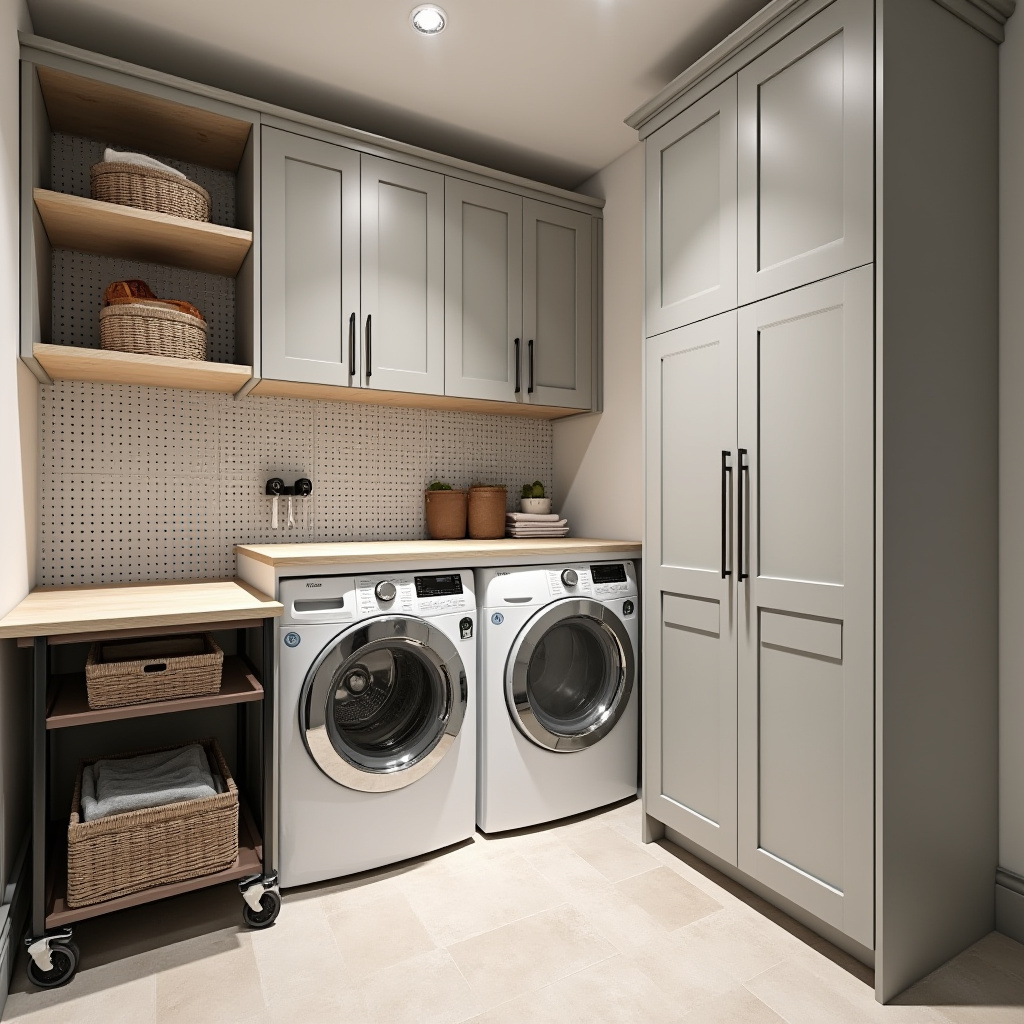 compact basement laundry room with Murphy fold-down table