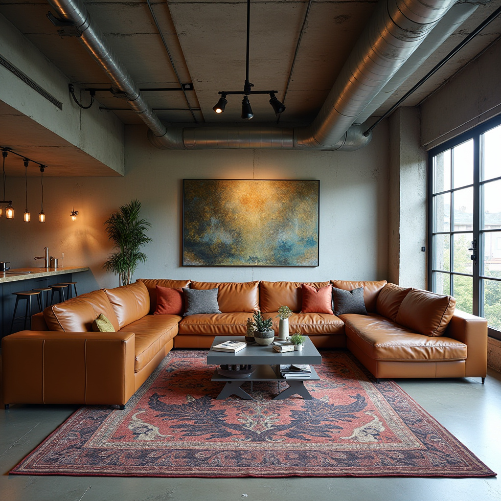 modern industrial basement living area