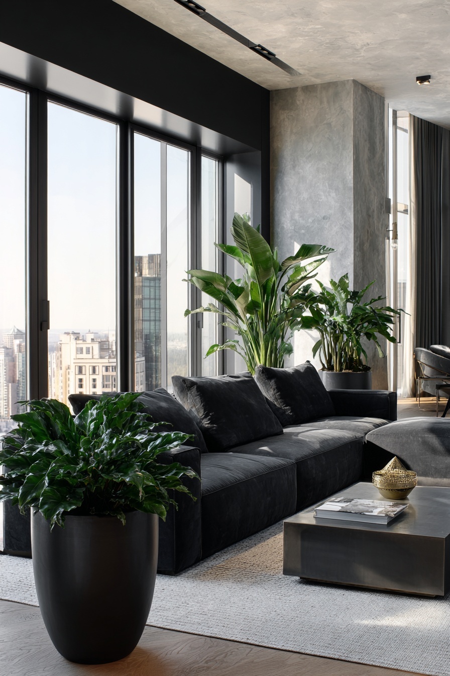 Vibrant Greenery: Black Planters