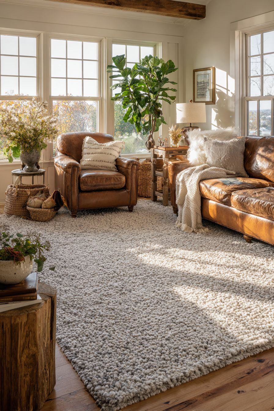 Plush Textured Rugs in Farmhouse Living Room