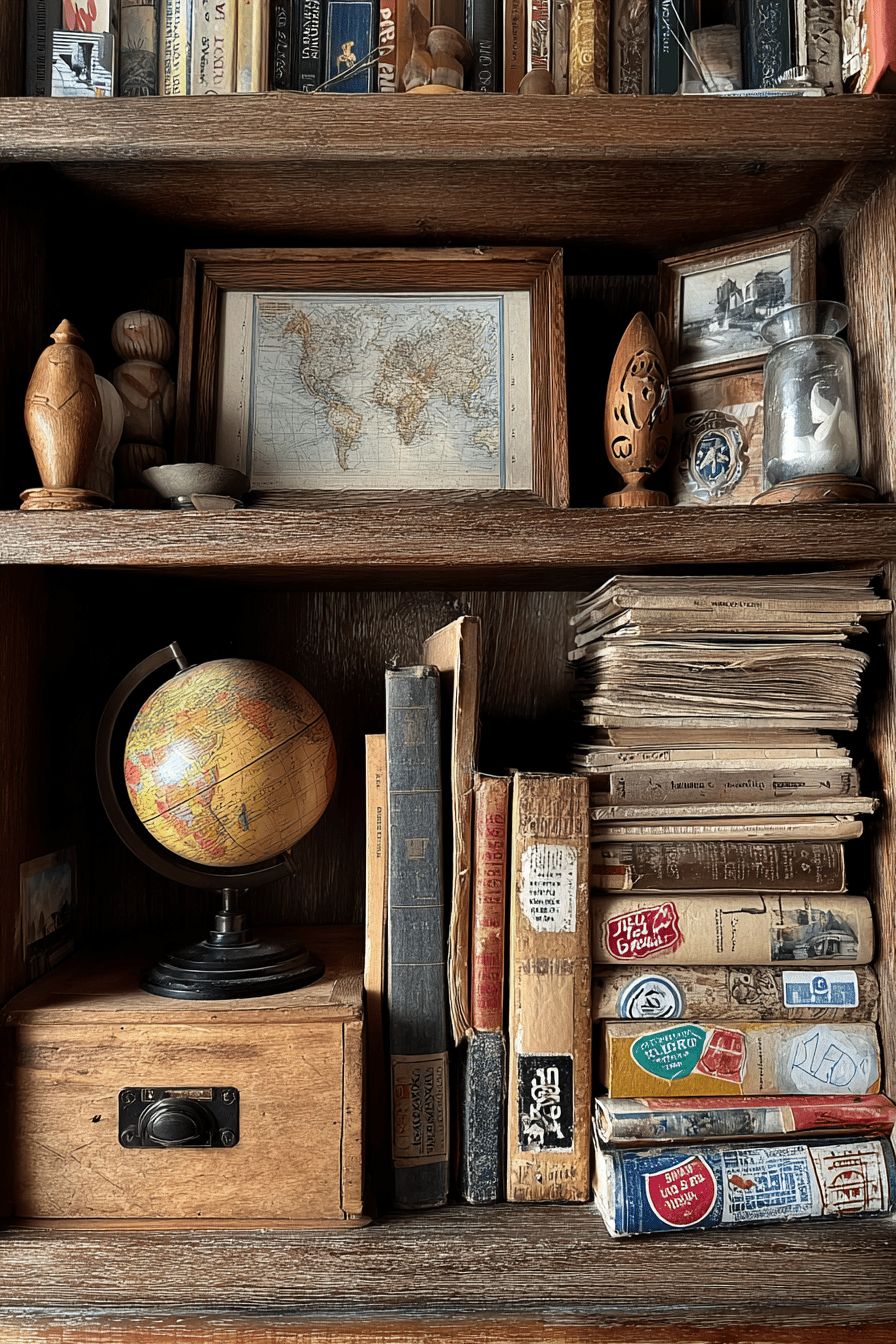 Bookshelf Styled with Travel Souvenirs