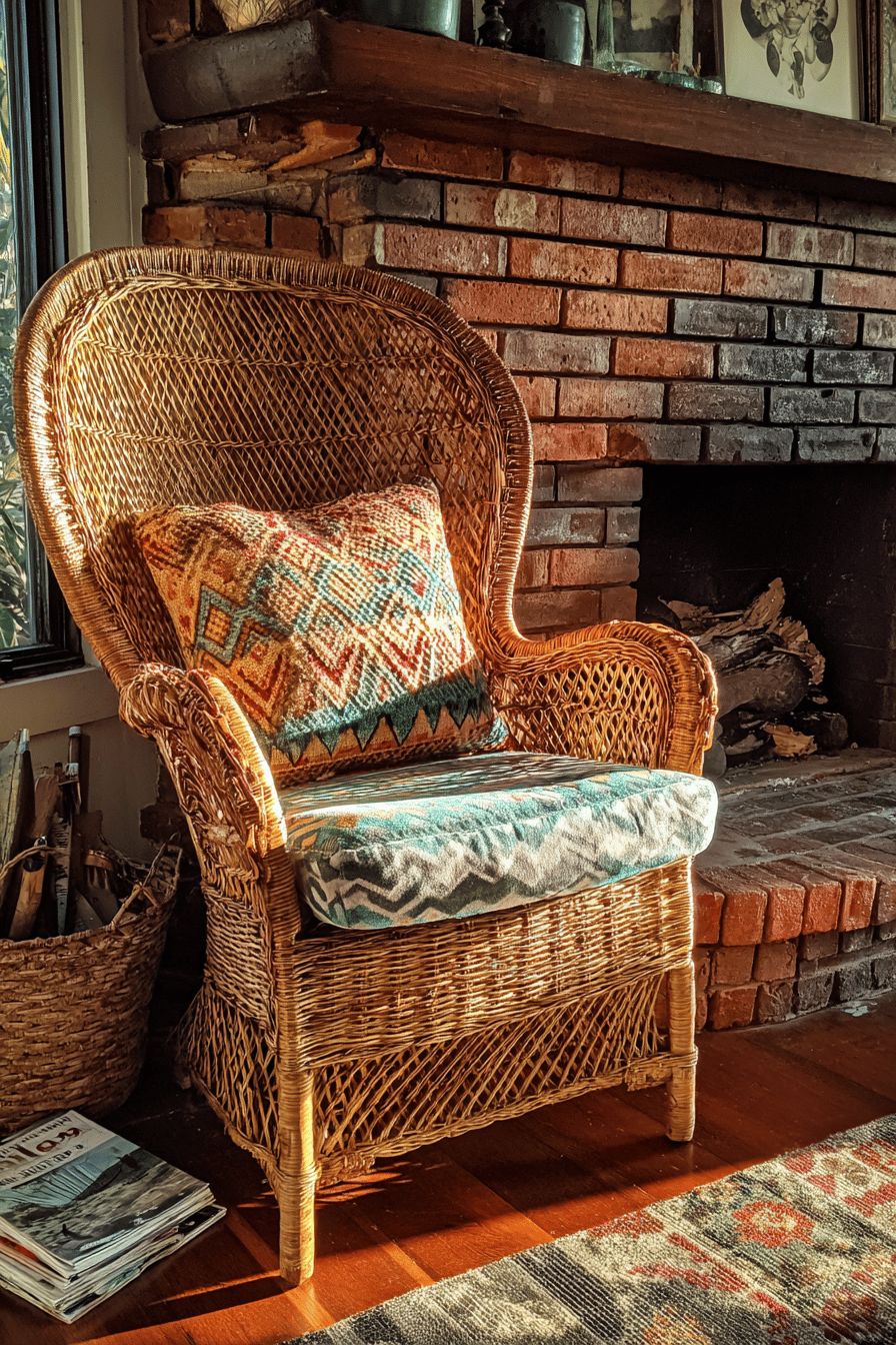Wicker Chair by Fireplace