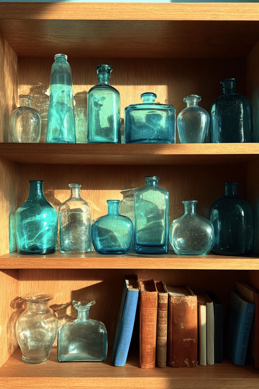 Teal Glass Bottles on Bookshelf