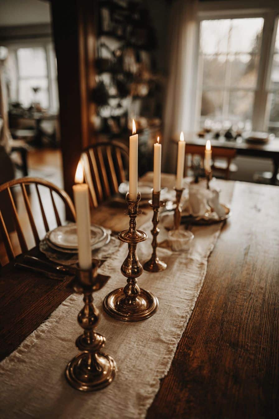 Brass Candle Holders on Dining Table