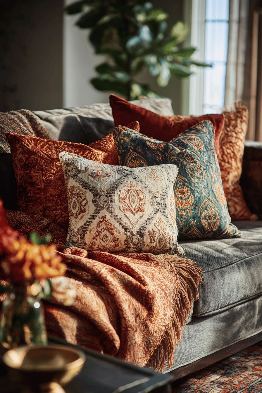Damask Throw Pillows on Sofa
