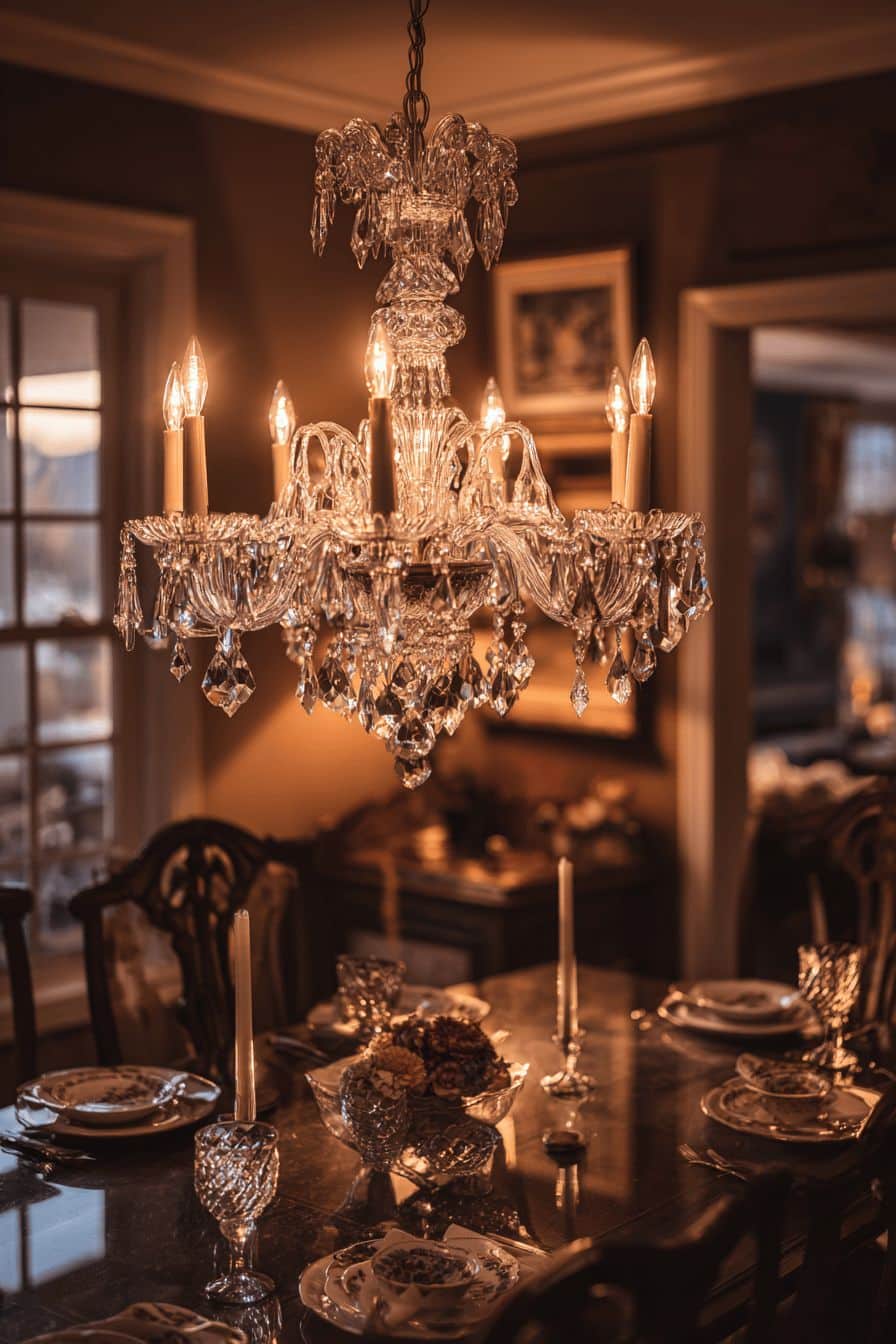 Crystal Chandelier Above Dining Table