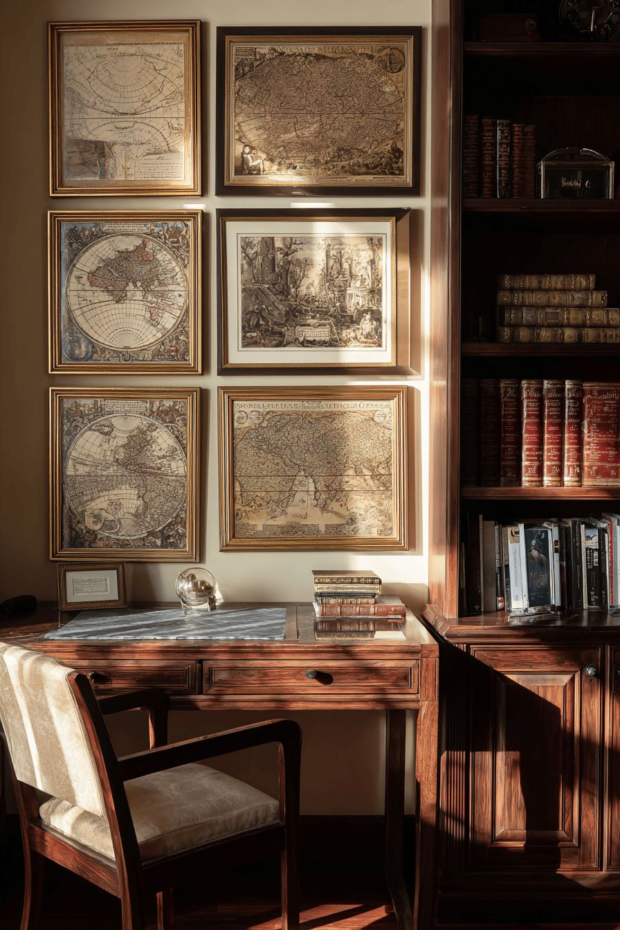 Historic Map Prints Framed in Study