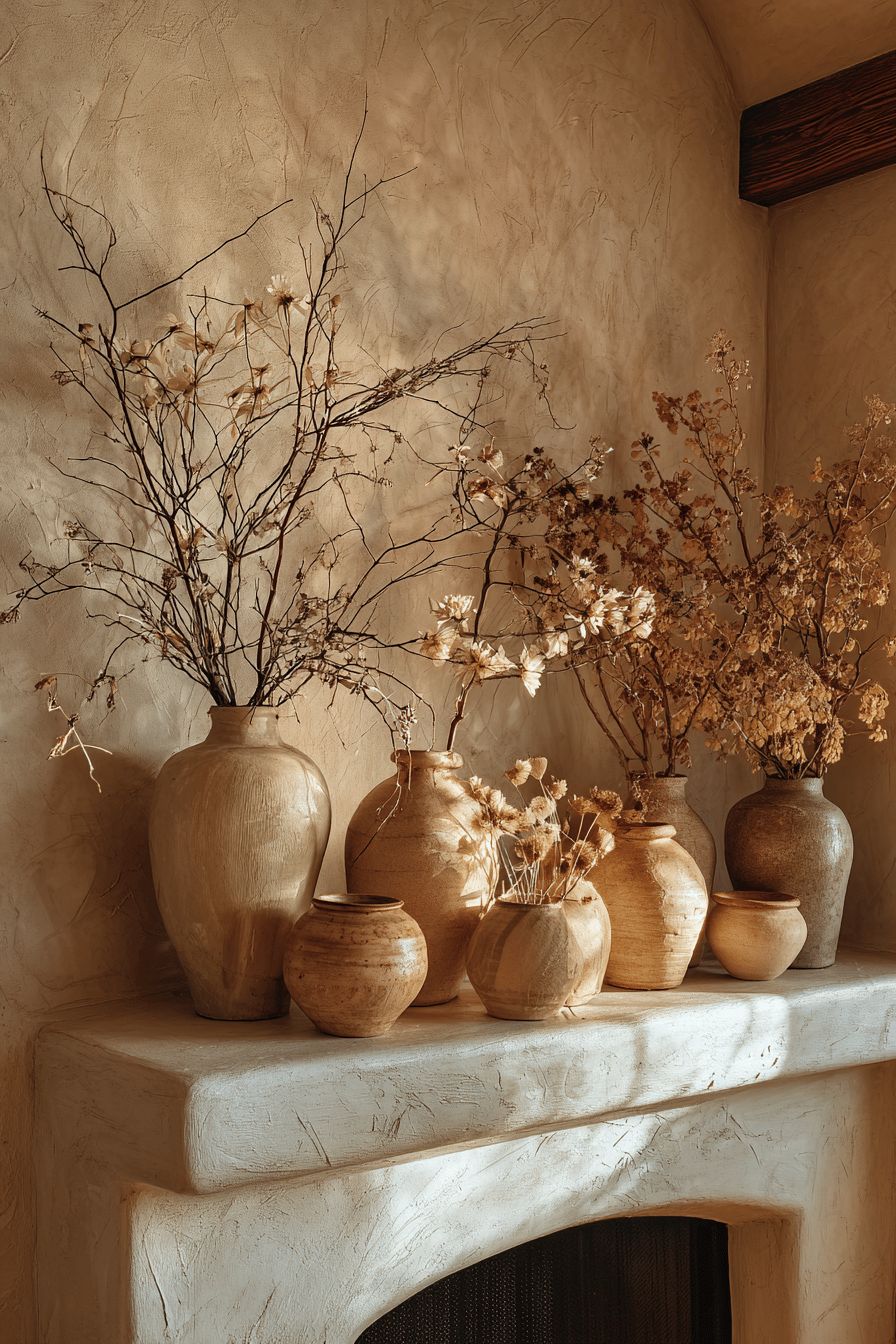 Clay Pottery Vases on Mantel