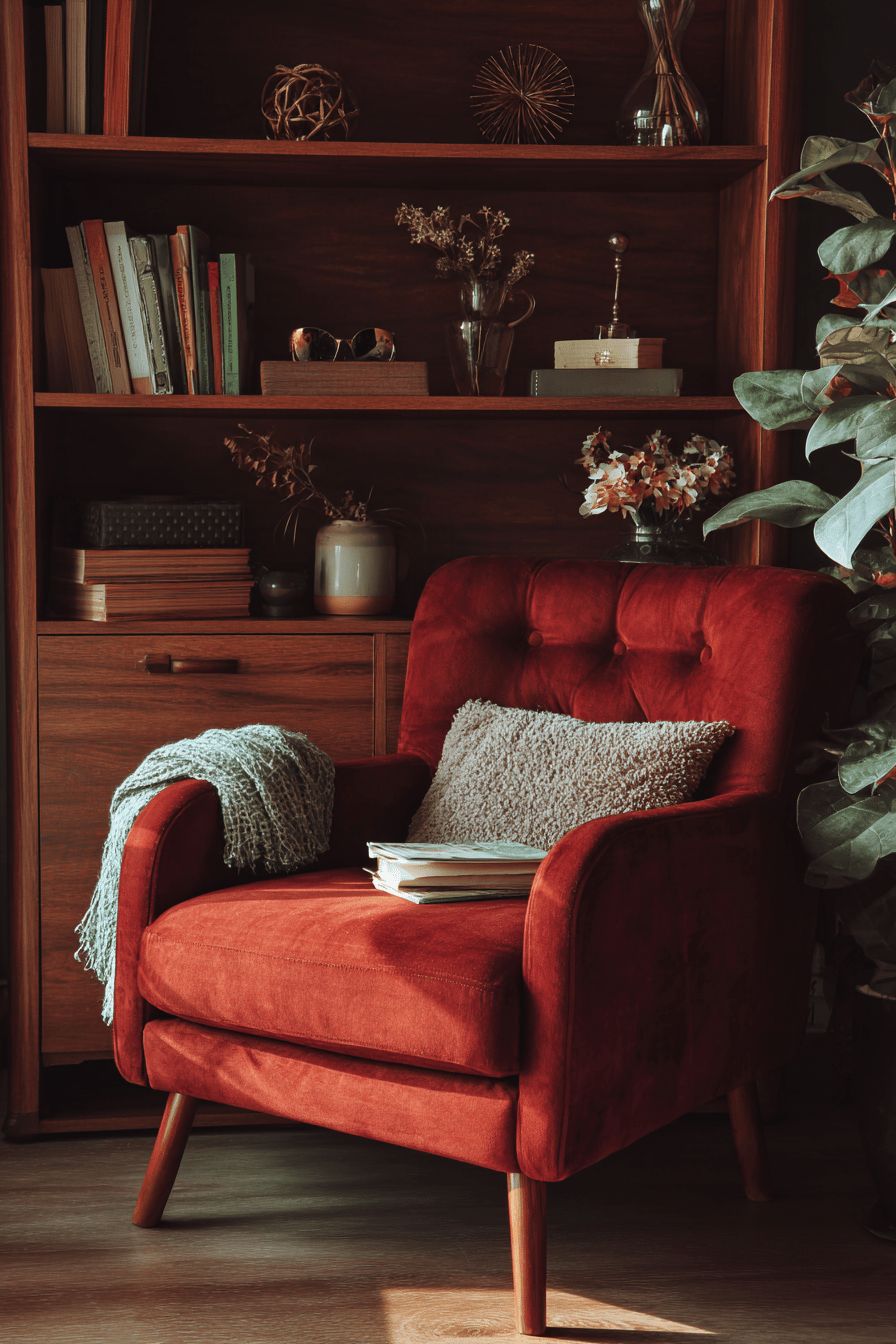 Brick Red Armchair by Bookshelf