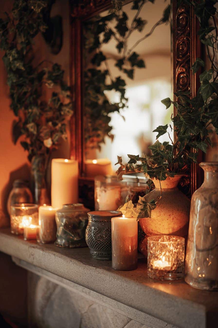 Mantel Decor with Candles and Vases