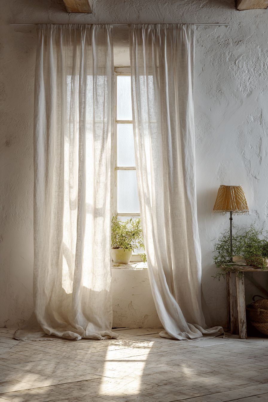 Frame Windows with Burlap Curtains