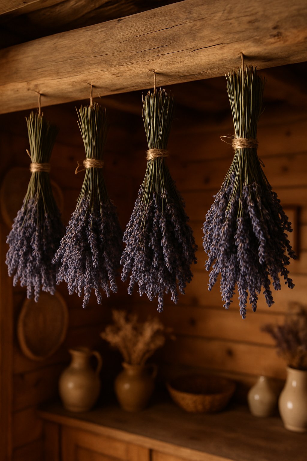 Dried lavender bundles hanging from a wooden beam in a rustic room