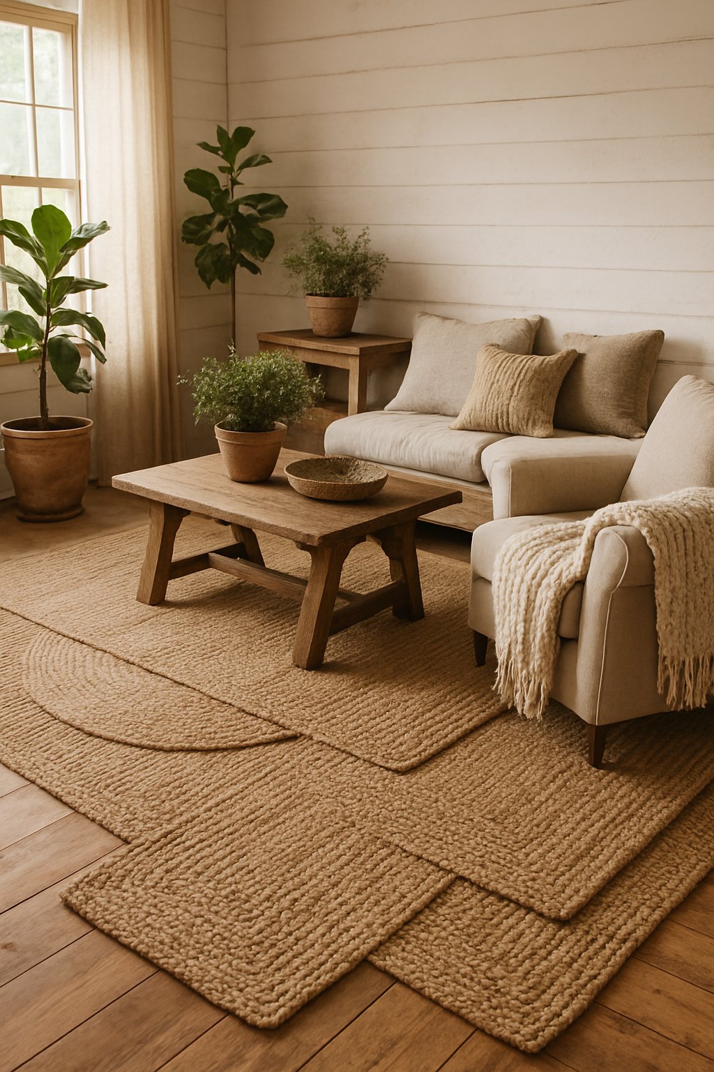 Cozy living room featuring woven jute rugs on wooden floors with natural decor