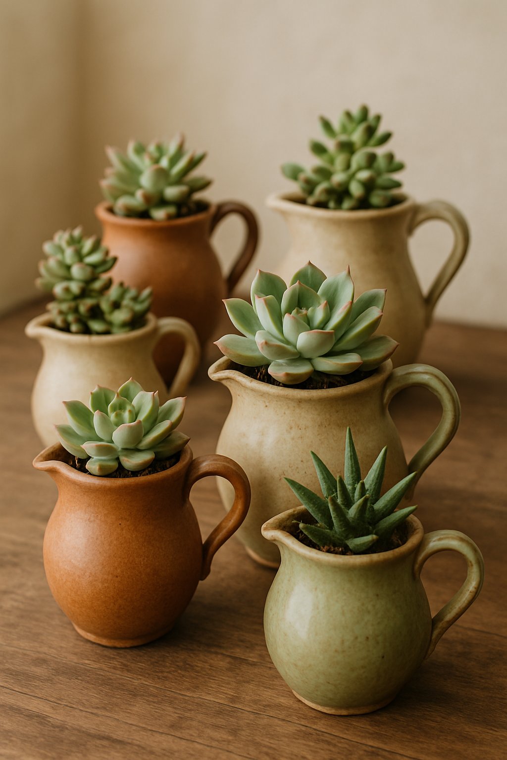 Vintage ceramic pitchers housing small succulent plants on a wooden surface