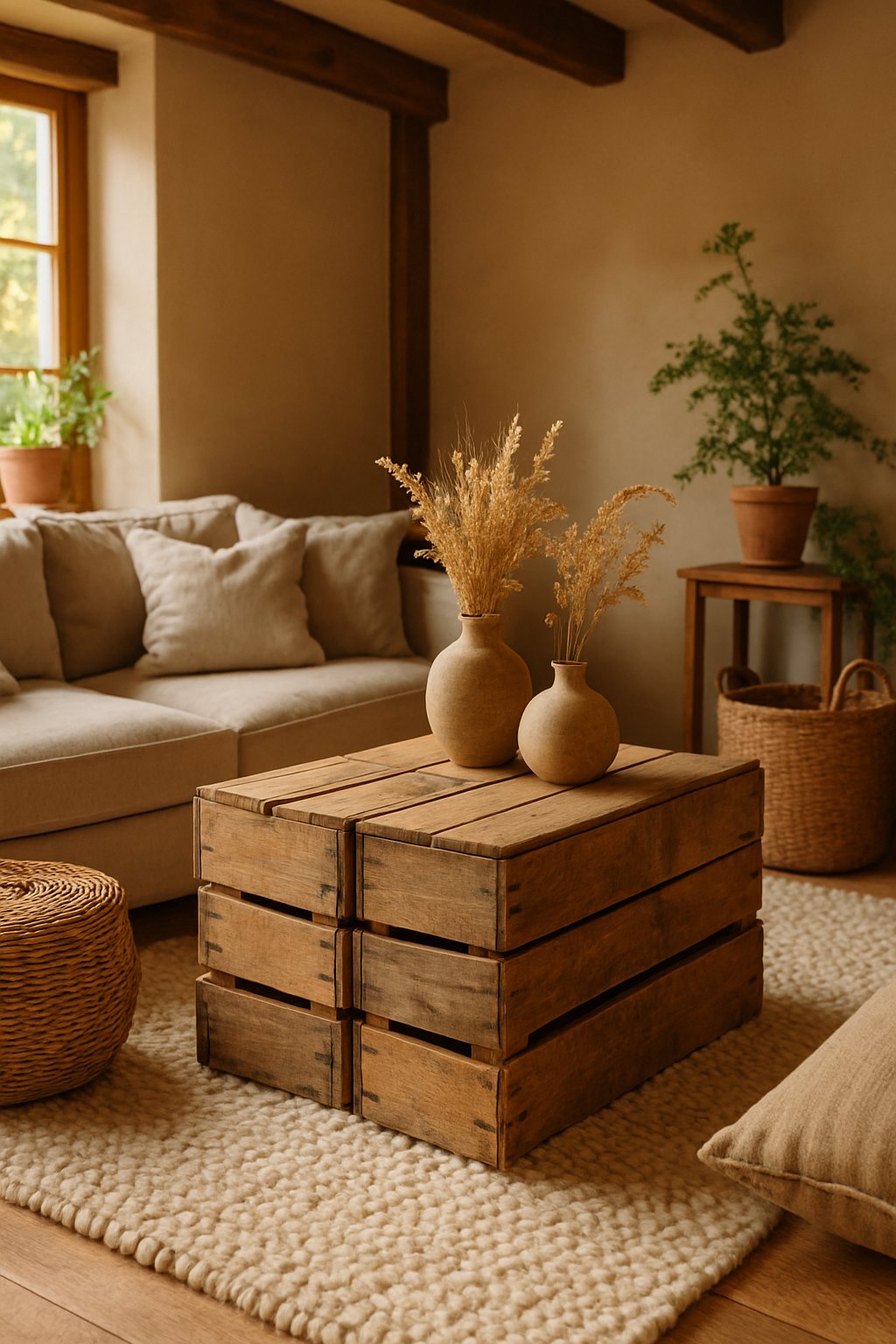 Living room with rustic wooden crates used as coffee tables surrounded by natural decor