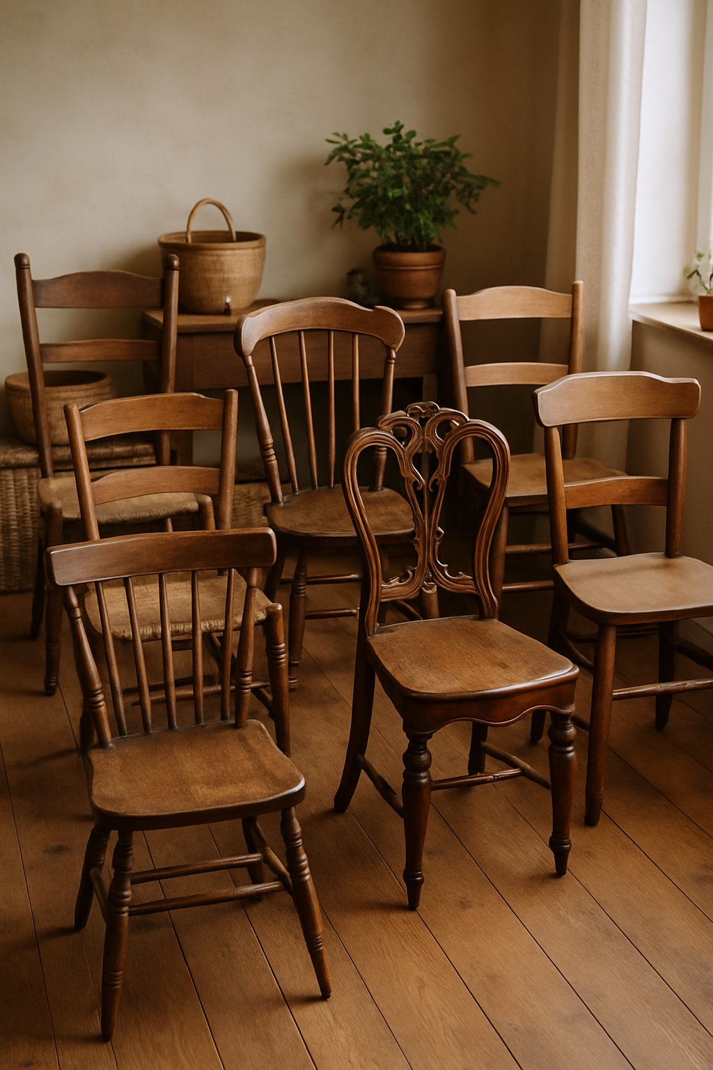 Assorted antique wooden chairs arranged in a cozy cottage room