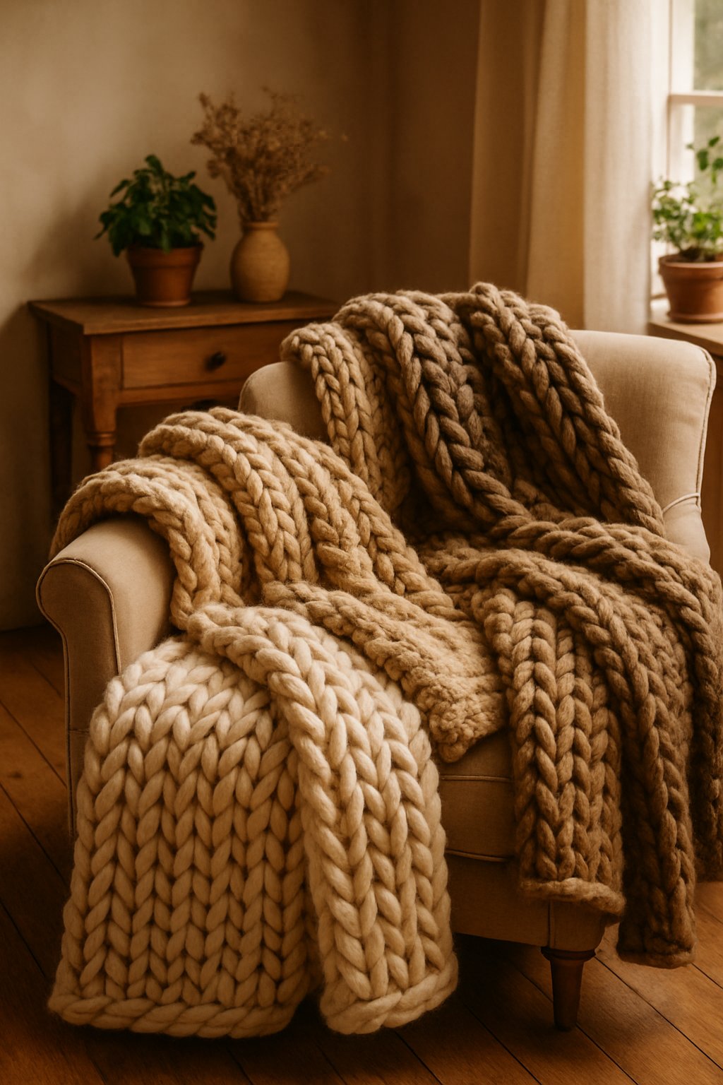 Chunky knit wool throws draped over an armchair in a cozy living room