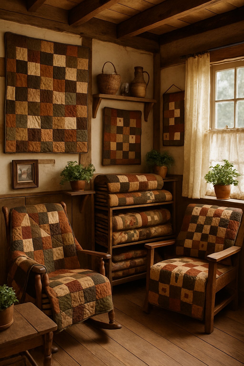 Earth-toned patchwork quilts displayed in a cozy cottage room
