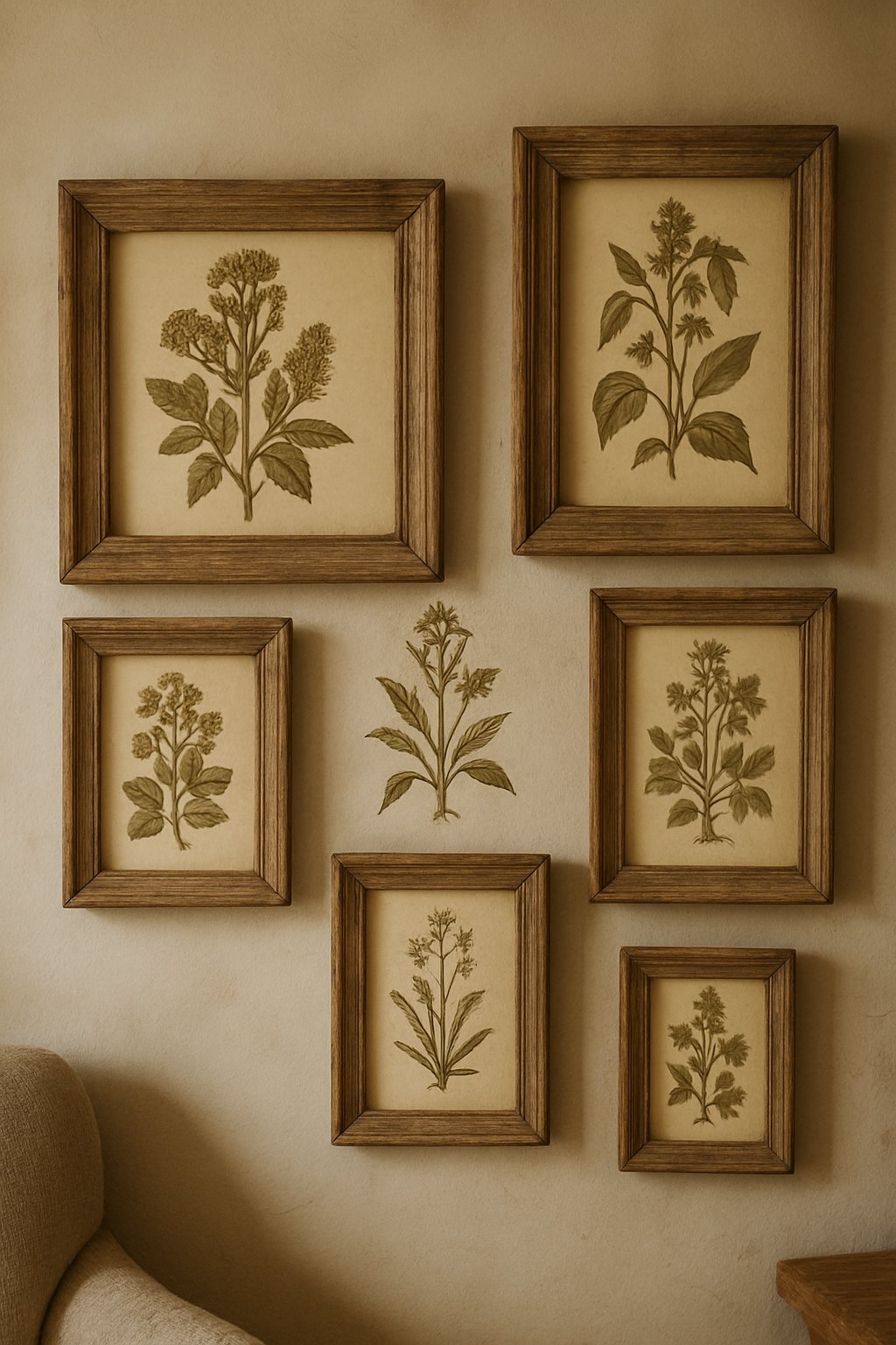 Vintage botanical prints in distressed wooden frames on a rustic wall