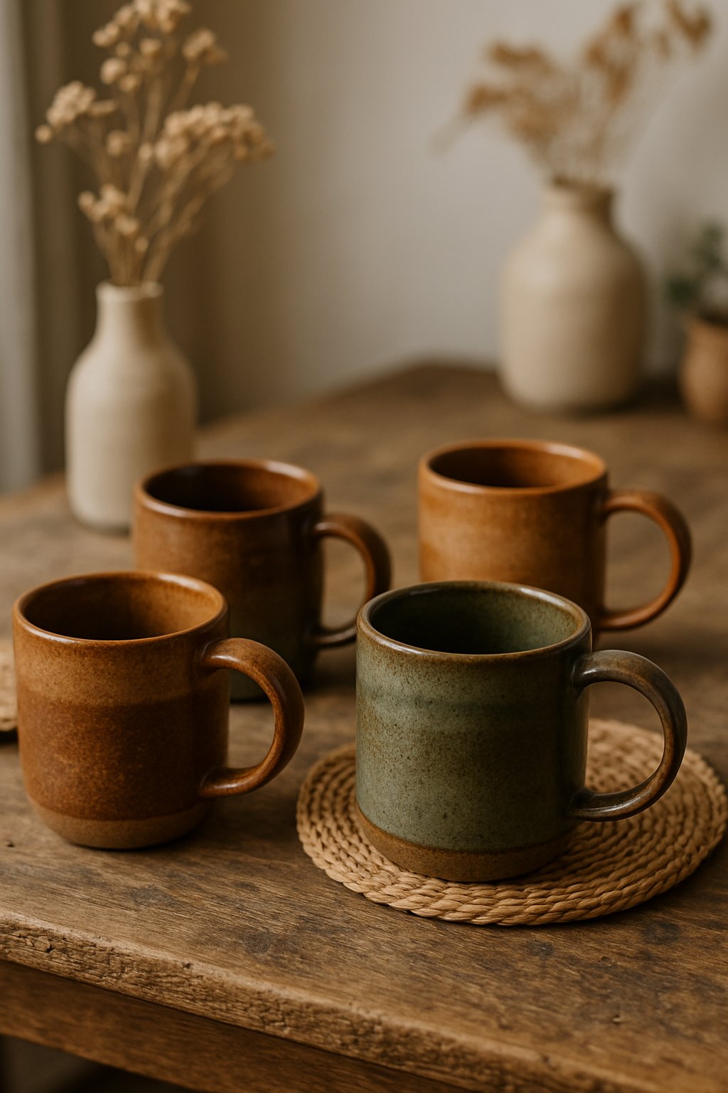 Stoneware mugs with earthy glazes on a wooden table