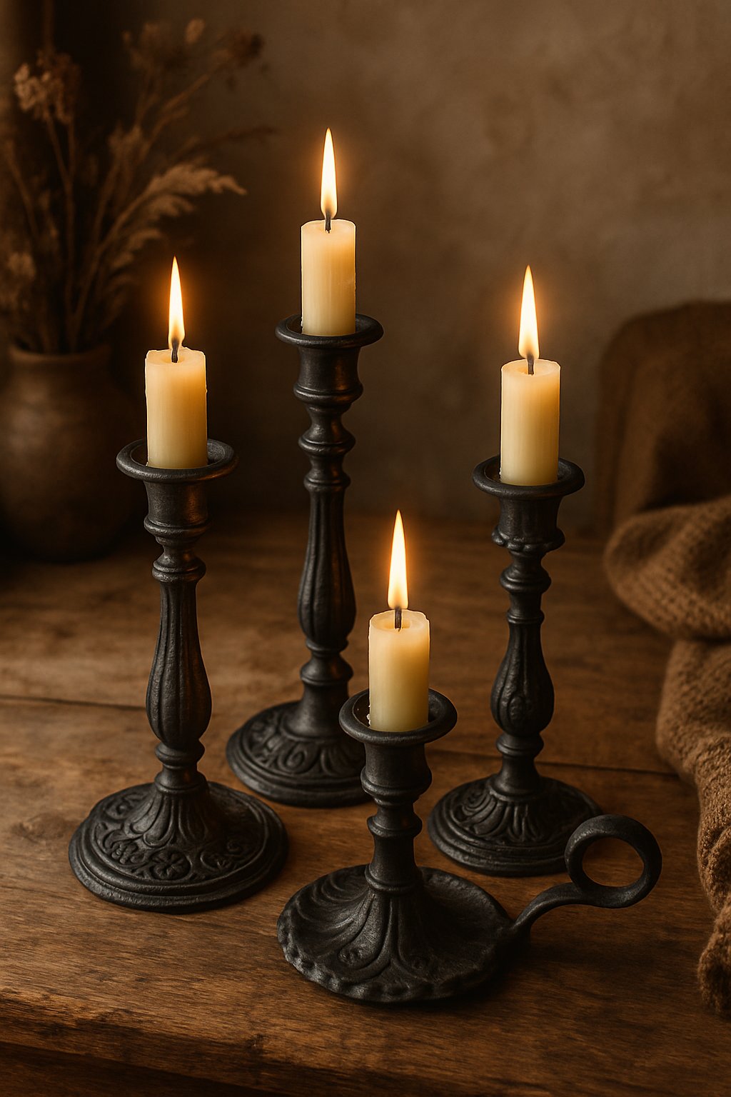 Cast iron candle holders with lit candles on a wooden table