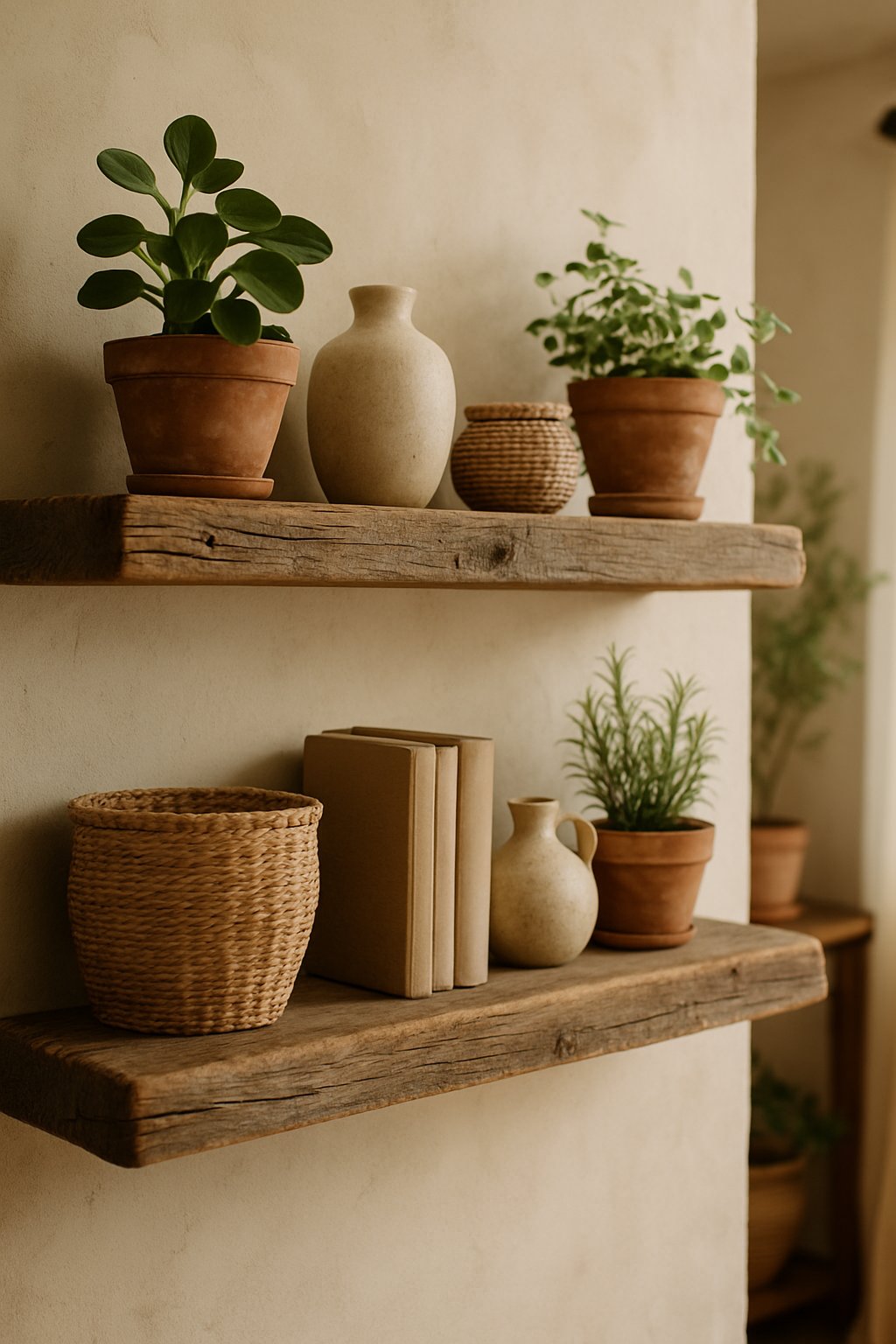Reclaimed wooden shelves with plants and decor in a cozy room