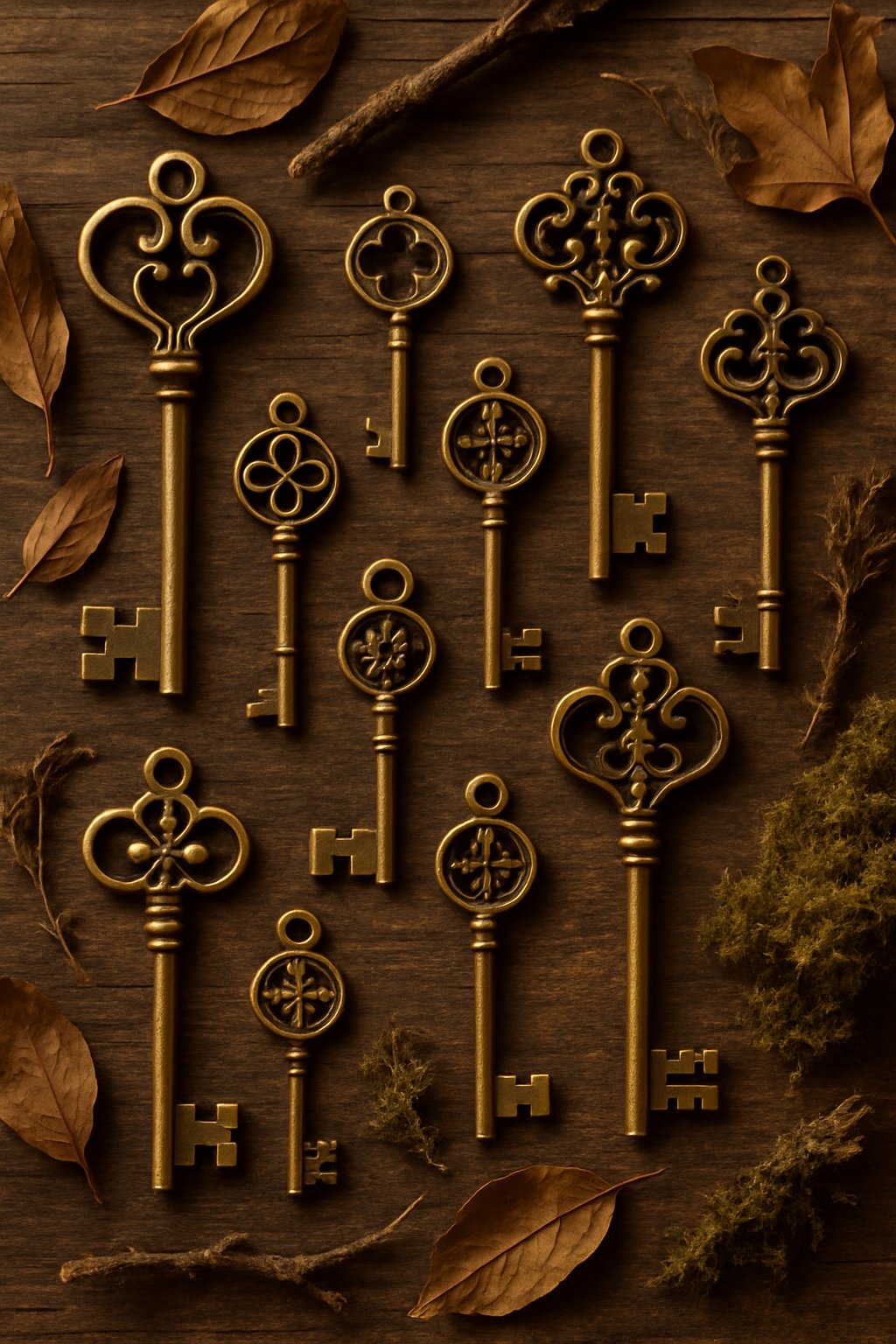 Antique brass keys arranged on a wooden surface with natural elements