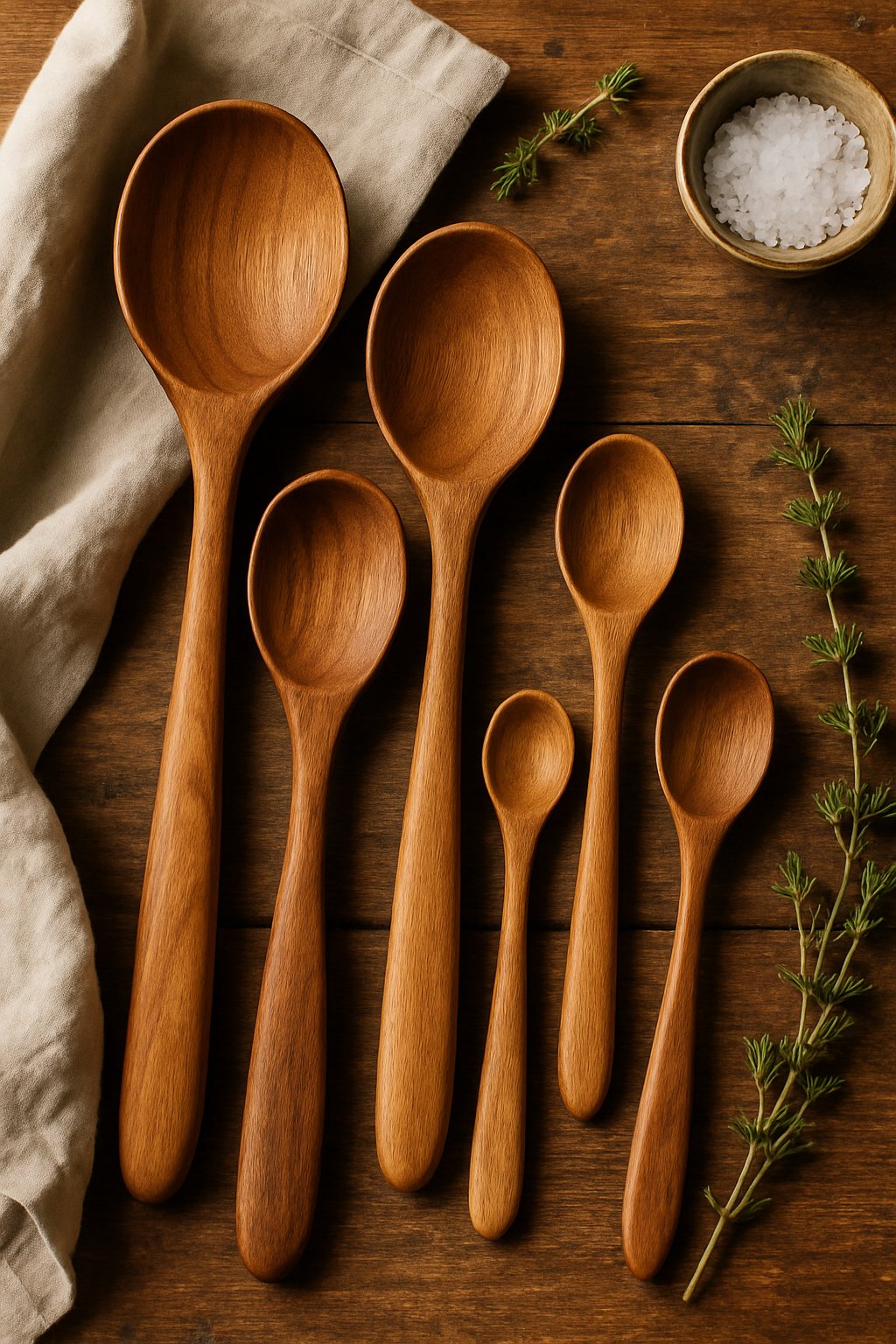 Hand-carved wooden cooking spoons on a wooden table with herbs