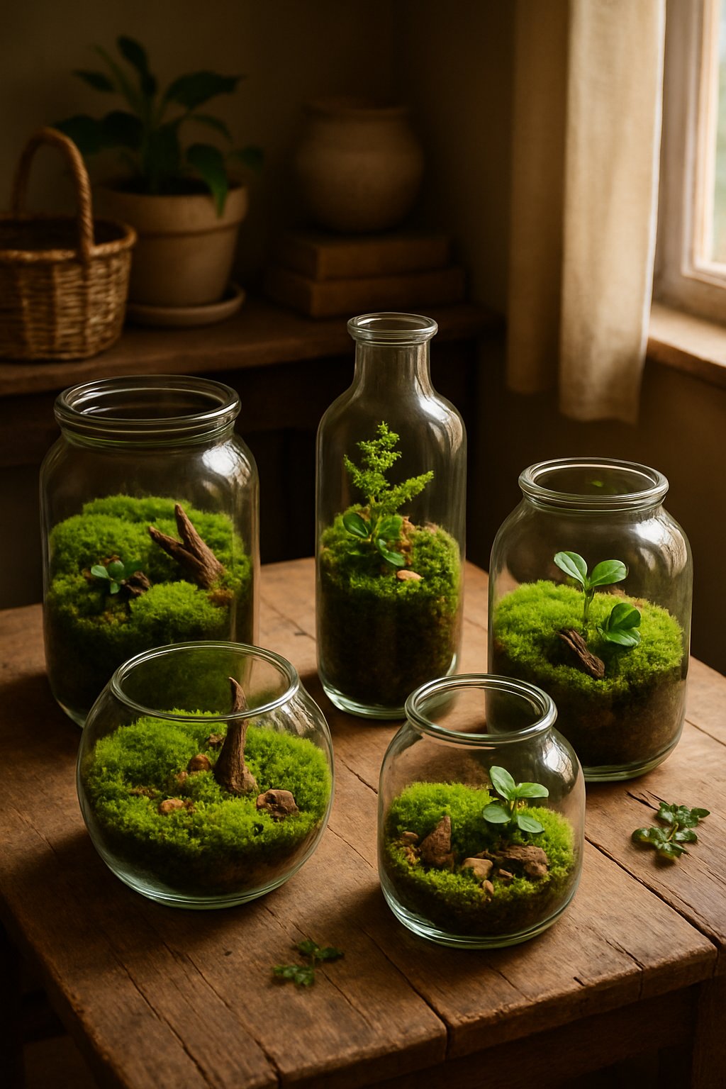 Mossy terrariums with green plants inside glass containers on a wooden surface