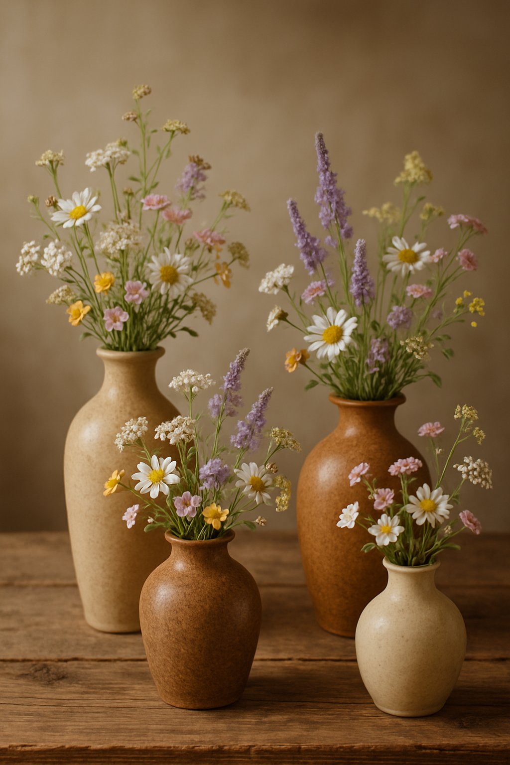 Earth-tone ceramic vases holding wildflower bouquets on a wooden surface
