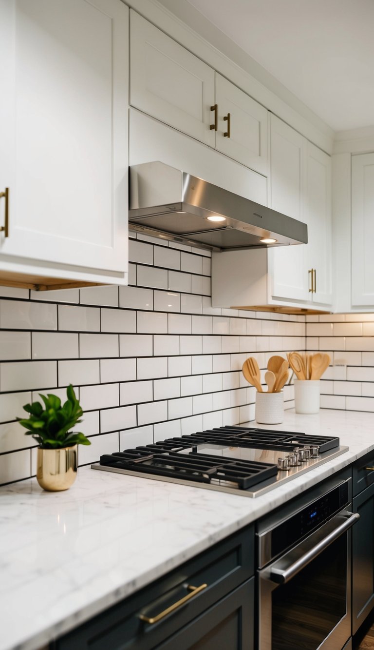 A modern kitchen with white subway tile backsplash, contrasting grout, and sleek stainless steel appliances