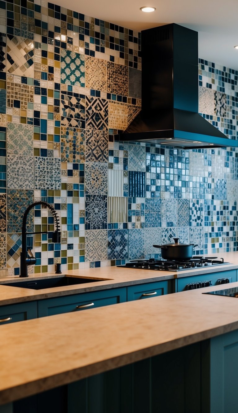 A modern kitchen with a mosaic tile backsplash featuring various patterns in a range of colors and textures