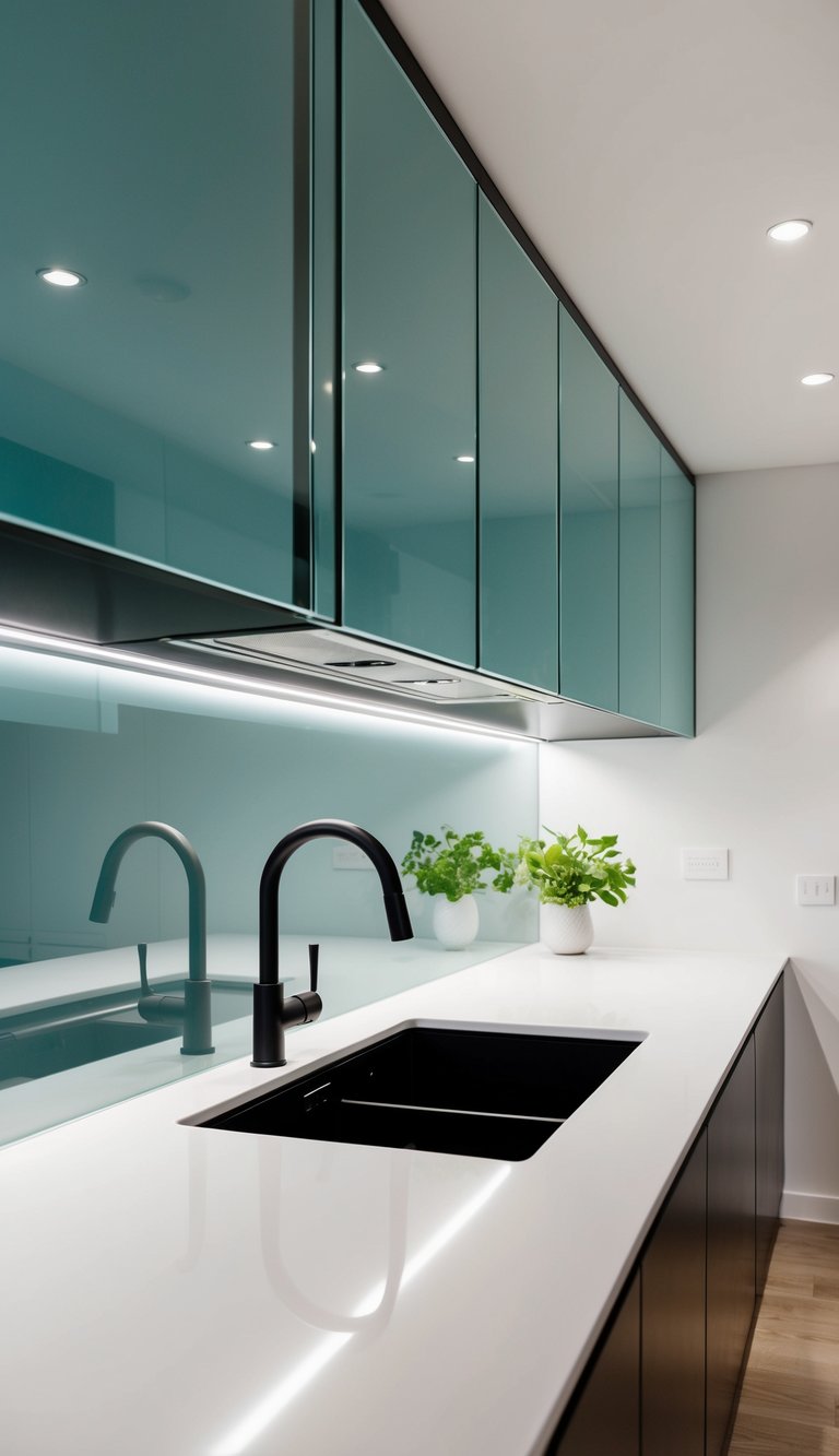 A modern kitchen with sleek glass panel backsplash, reflecting the light and adding a contemporary touch to the space