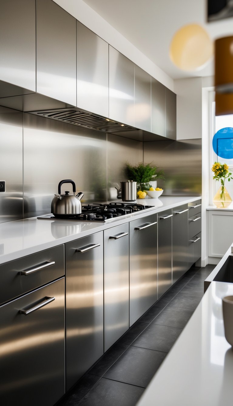 A modern kitchen with stainless steel sheets as a sleek and reflective backsplash, surrounded by various design ideas